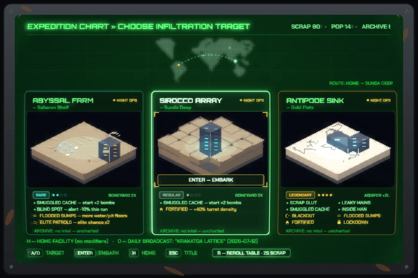 The expedition chart — a drained-earth map with three facility cards