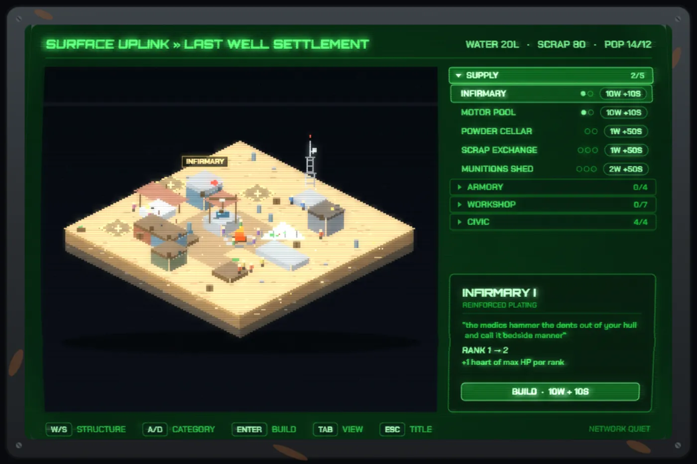 The settlement view — an isometric desert town on a CRT