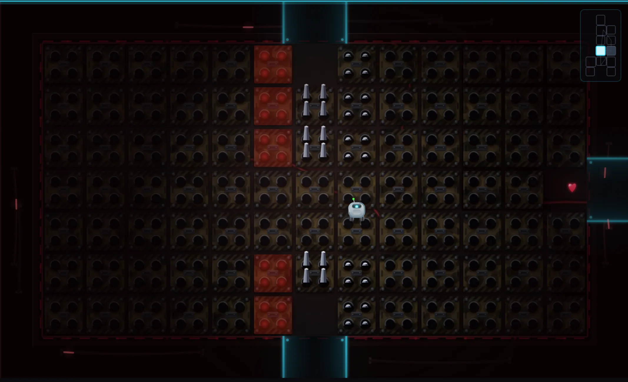 A trap room mid-march: the striking spike column with its single gap, the pilot standing in the gap lane