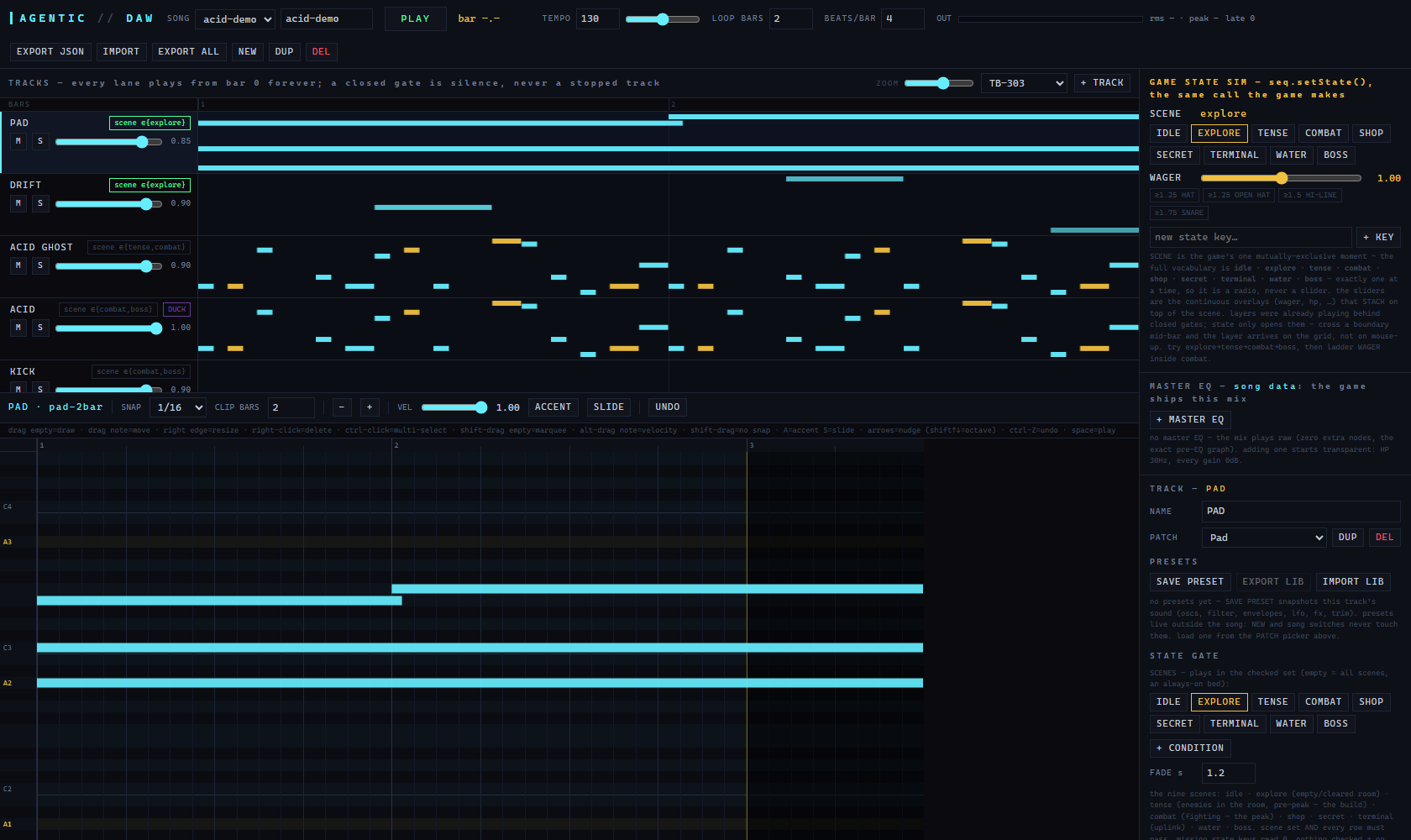 The AGENTIC DAW: scene-gated track lanes, piano roll, and game-state sim panel