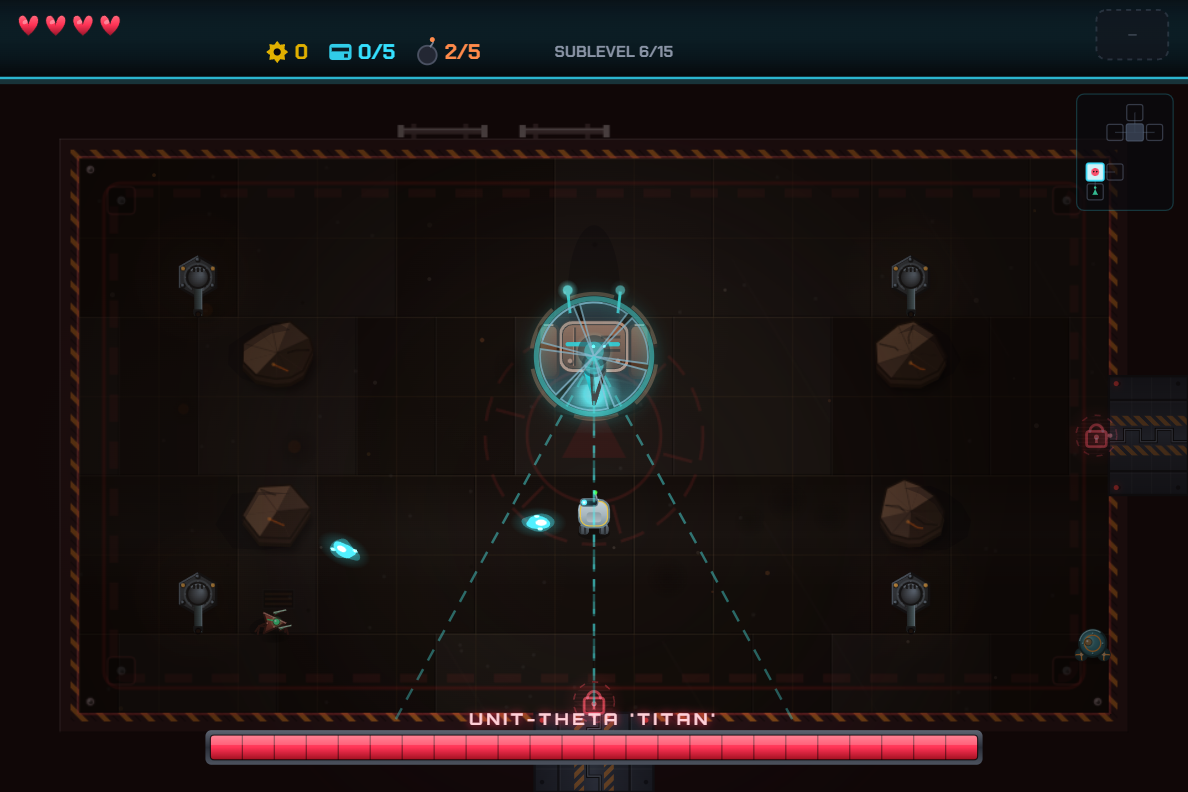 A boss fight in AGENTIC: a heavy-chassis warden with escort bodies in a hazard-lined arena